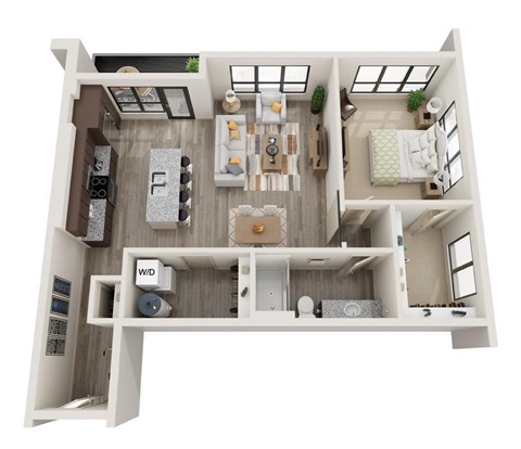 Floor plan for 1 bed, 1 bath, 989 sqft